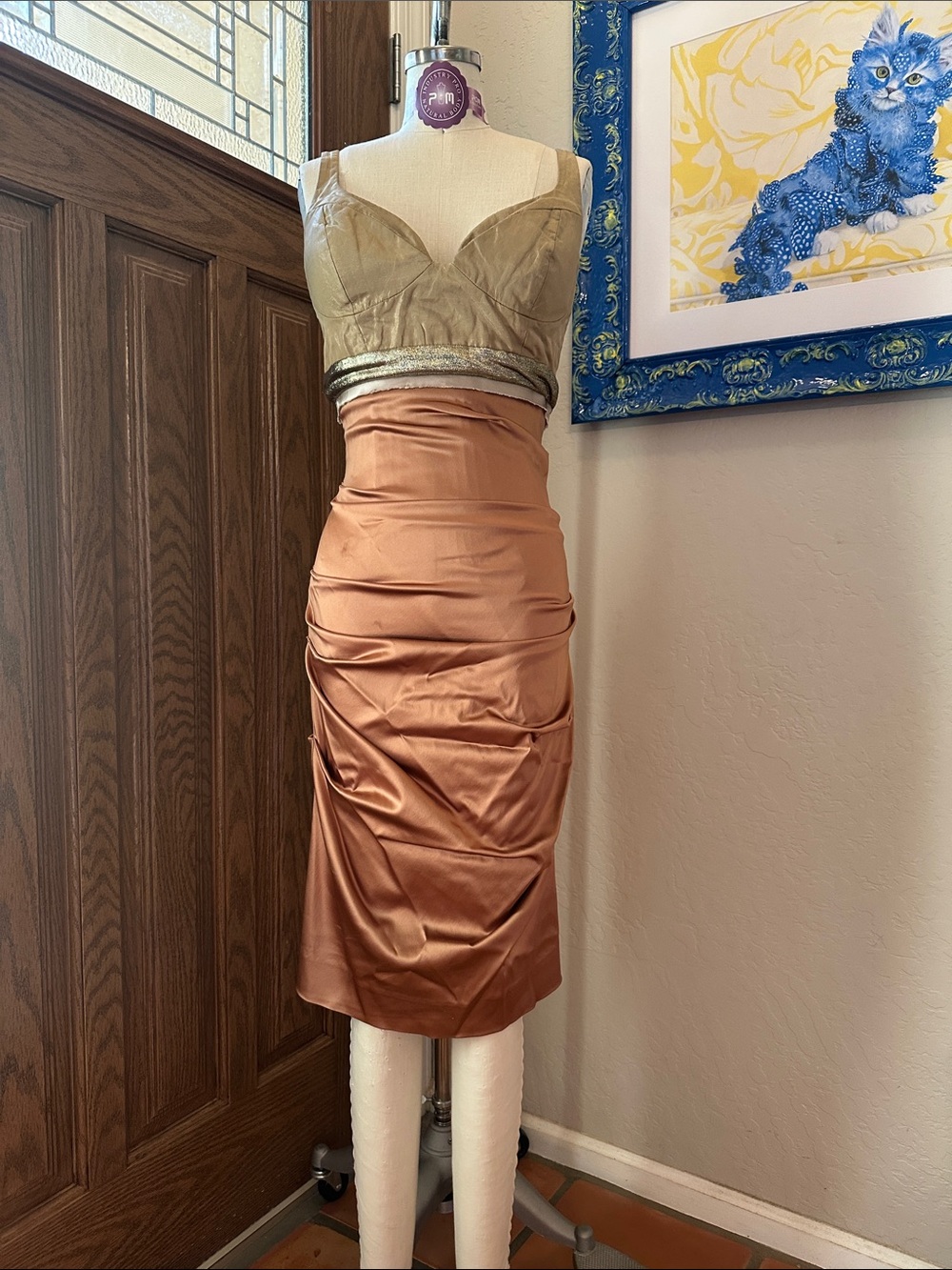 Nicole Miller Gold and Copper Satin Ruched Cocktail Dress